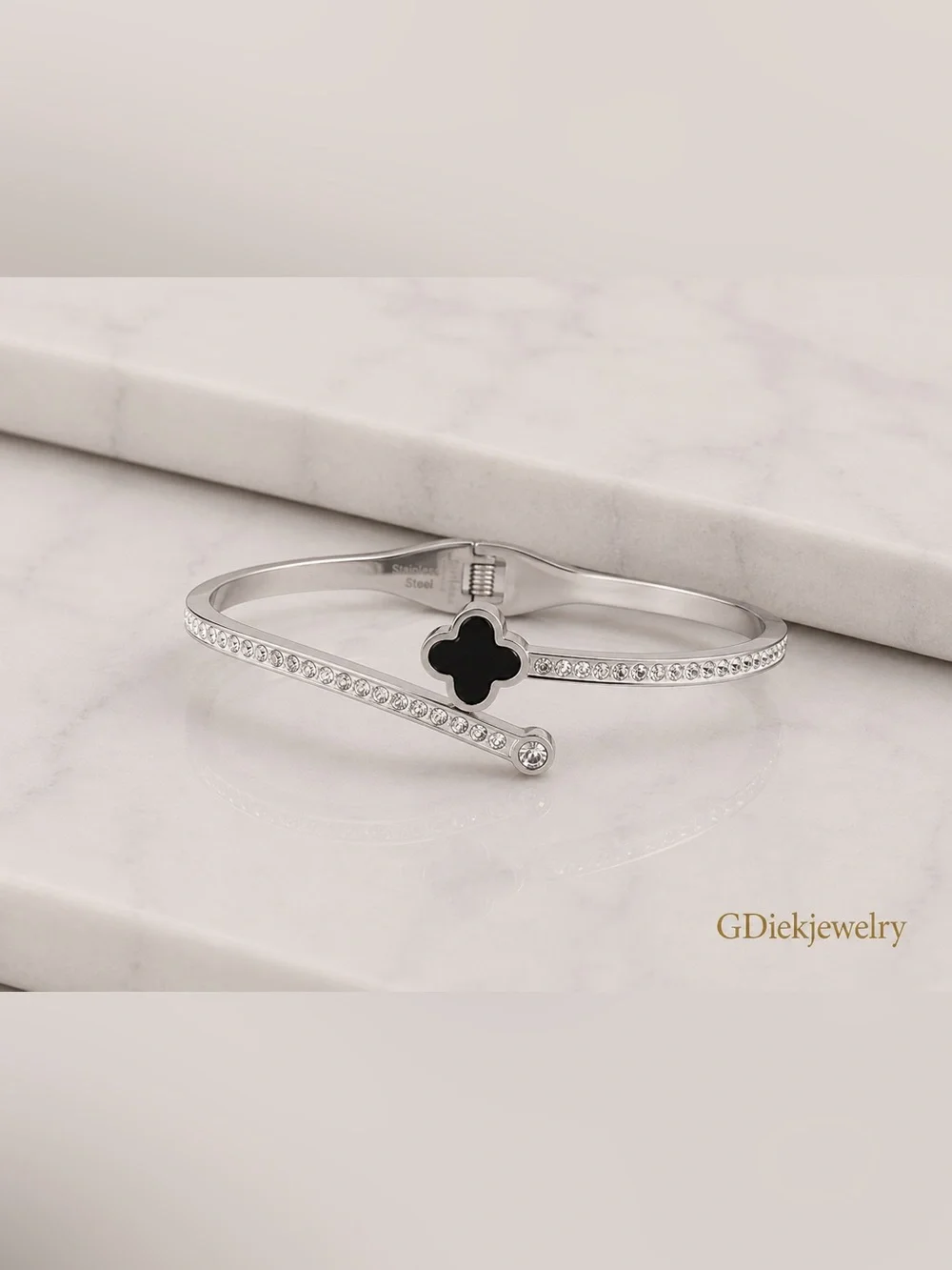 Stainless Steel Black Clover Crystal Bangle Bracelet